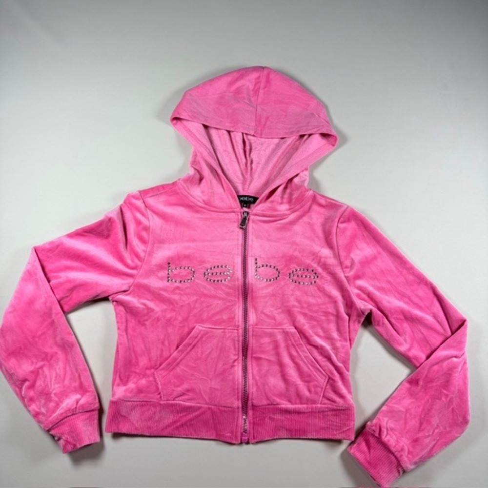 Bebe Pink Velour Tracksuit Set Rhinestone Logo Crop Hoodie Flare Pants Medium